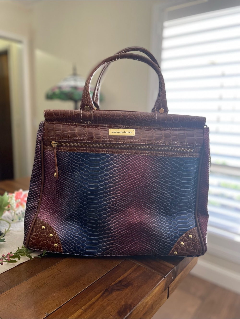 Samantha Brown Two-Tone Croc-Textured Satchel in Brown & Navy